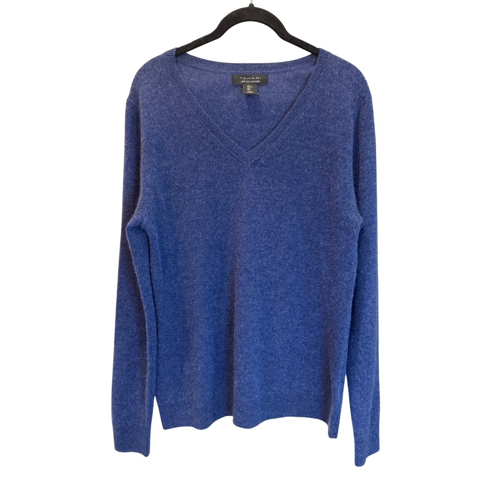 Tahari Womens Blue 100% 2-Ply Cashmere V-Neck Pullover Sweater Large